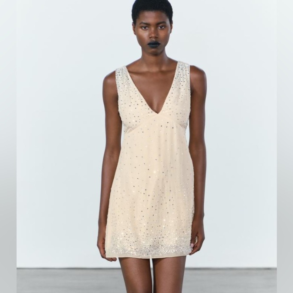 Zara Beige Beaded Dress with rhinestones size small